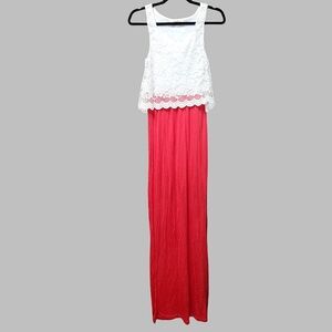IRIS Red and white maxi long dress small lace ruffle top stretch fabric tank top